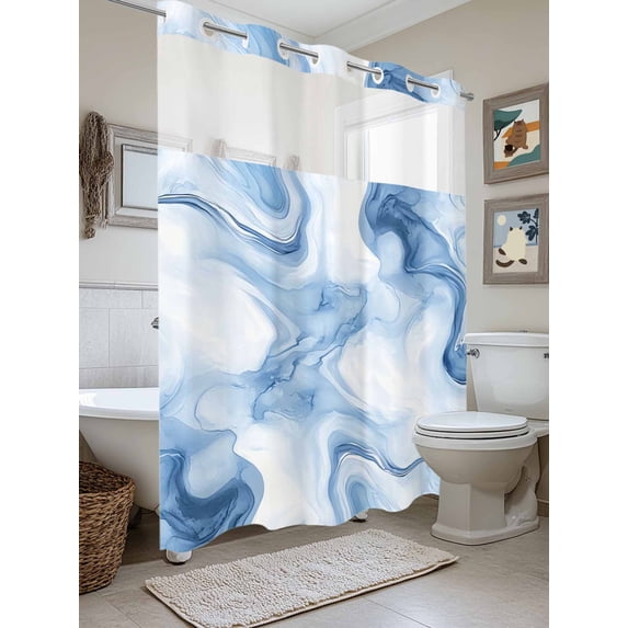 No Hook Shower Curtain with Snap in Liner, Watercolor Blue Marble Texture Waterproof Bath Curtain Double Layers with See Through Top Window, Abstract Watercolor Pattern Hotel Shower Curtains 72x84in