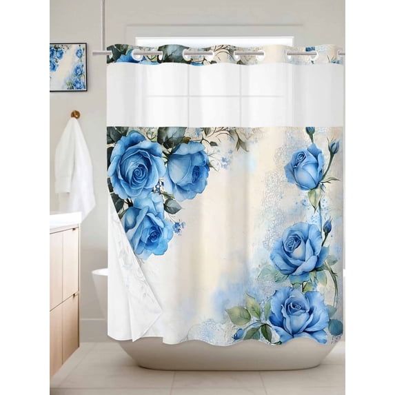 No Hook Shower Curtain with Snap in Liner, Watercolor Blue Rose Waterproof Bath Curtain Double Layers with See Through Top Window, Vintage Flowers Plants Hotel Shower Curtains 72x72in