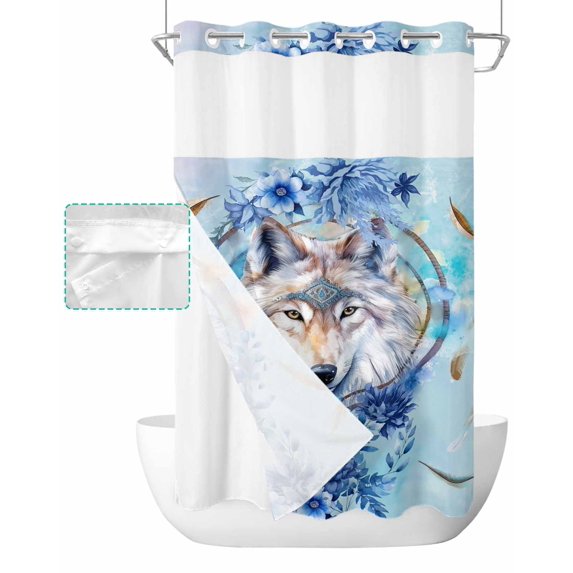 No Hook Shower Curtain with Snap in Liner, Watercolor Blue Wolf with Flowers Hotel Shower Curtains for Bathroom, Washable Shower Curtain Liner Set with Mesh Top Window, 36"x72"