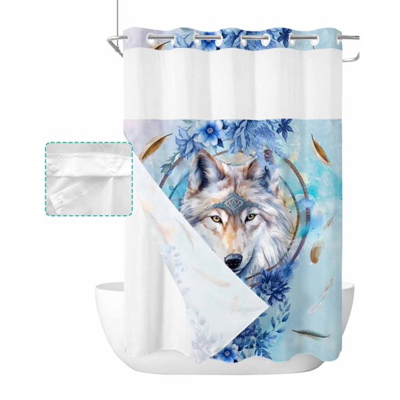 No Hook Shower Curtain with Snap in Liner, Watercolor Blue Wolf with Flowers Hotel Shower Curtains for Bathroom, Washable Shower Curtain Liner Set with Mesh Top Window, 60"x72"