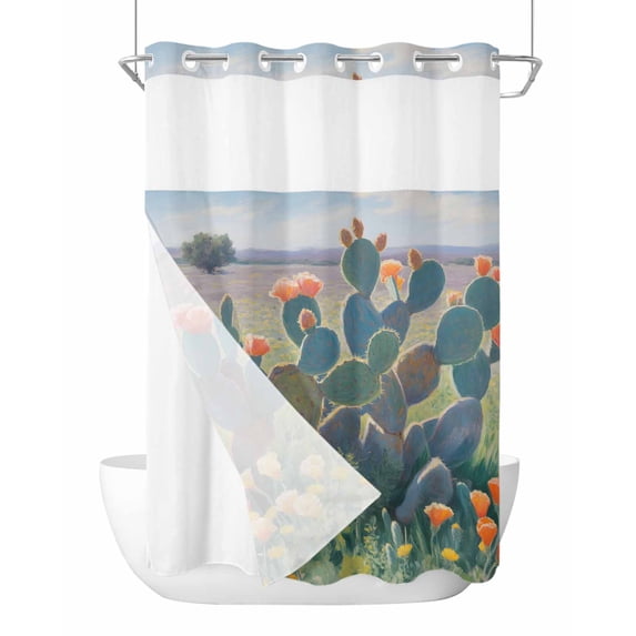 No Hook Shower Curtain with Snap in Liner Watercolor Cactus Shower Curtain -Fabric Waterproof Inner Liner, Tropical Plants Orange Flowers Retro Shower Curtains Washable 48"x72"