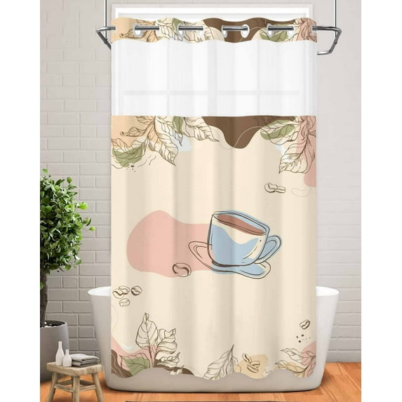 No Hook Shower Curtain with Snap in Liner,Watercolor Coffee Cup Color Block Waterproof Bath Curtain Double Layers with See Through Top Window,Boho Botanical Leaves Berry Hotel Shower Curtains 36x72in