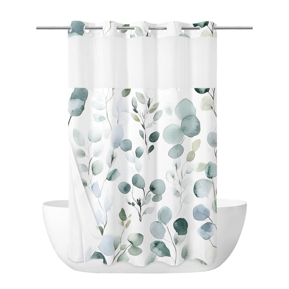 No Hook Shower Curtain with Snap in Liner,Watercolor Eucalyptus Leaf Waterproof Bath Curtain with See Through Top Window,Rustic Sage Green Plant Shower Curtains for Bathroom Decor,36x72in