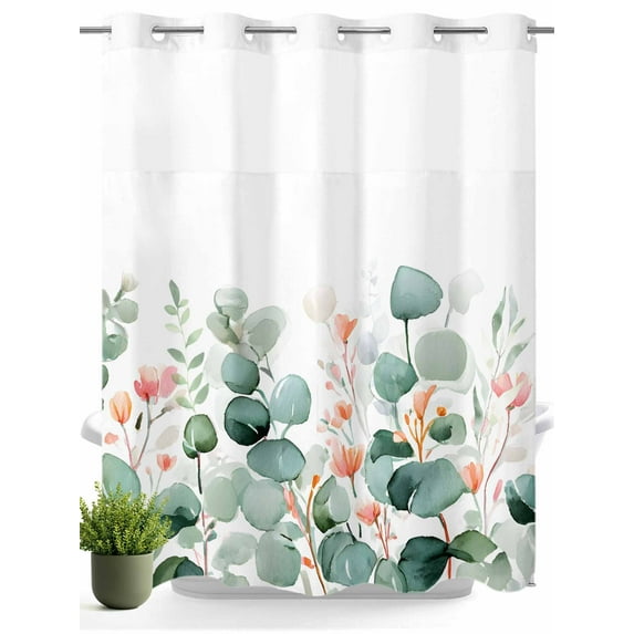 No Hook Shower Curtain with Snap in Liner,Watercolor Eucalyptus Leaves Flower Waterproof Bath Curtain Double Layers with See Through Top Window,Farm Plants on White Hotel Shower Curtains 72x72in