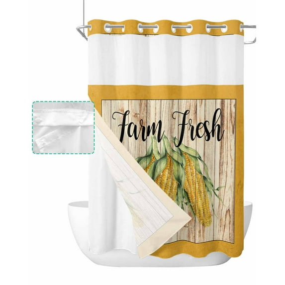 No Hook Shower Curtain with Snap in Liner, Watercolor Farm Corn Rustic Wood Grain Hotel Shower Curtains for Bathroom, Washable Shower Curtain Liner Set with Mesh Top Window, 48"x72"