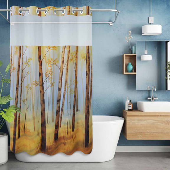 No Hook Shower Curtain with Snap in Liner, Watercolor Farmhouse Autumn Trees Leaves Waterproof Bath Curtain Double Layers with See Through Top Window, Retro Forest Hotel Shower Curtains 36x72in