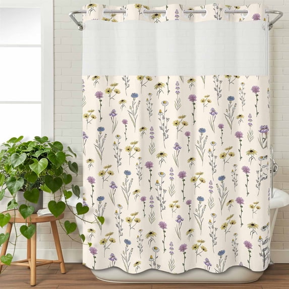 No Hook Shower Curtain with Snap in Liner, Watercolor Flower on Faint Yellow Waterproof Bath Curtain Double Layers with See Through Top Window, Seamless Blossom Floral Leaves Shower Curtains 48x72in