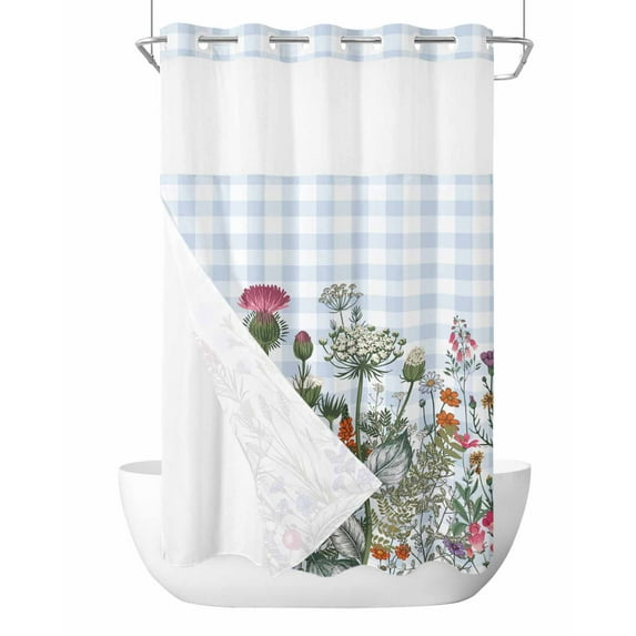 No Hook Shower Curtain with Snap in Liner Watercolor Flower Shower Curtain -Fabric Waterproof Inner Liner, Pink Flowers Blue White Plaid Country Shower Curtains Washable 36"x72"