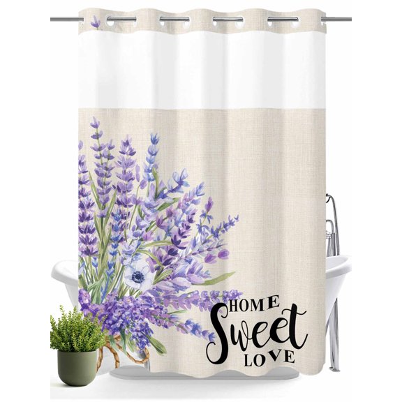 No Hook Shower Curtain with Snap in Liner,Watercolor Lavender Flower Waterproof Bath Curtain Double Layers with See Through Top Window,Sweet Home on Linen Hotel Shower Curtains 60x72in