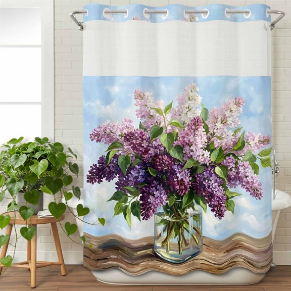 No Hook Shower Curtain with Snap in Liner, Watercolor Lilac Flower Vase Waterproof Bath Curtain Double Layers with See Through Top Window, Blossom Floral Leaves Wood Hotel Shower Curtains 48x72in