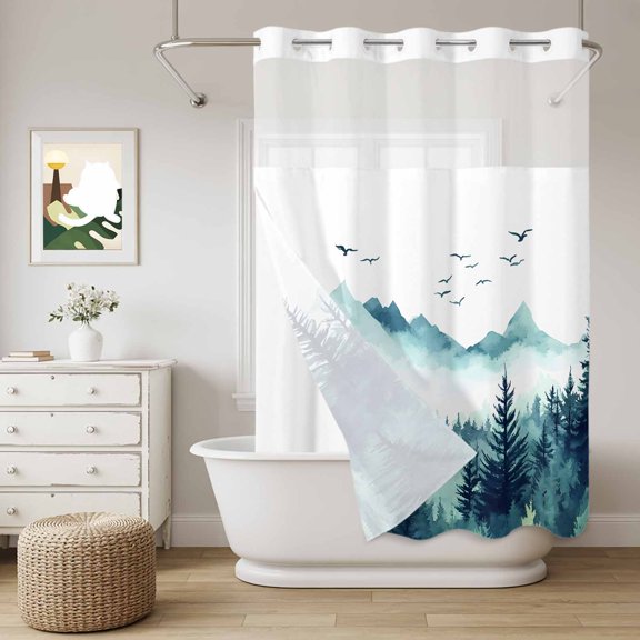 No Hook Shower Curtain with Snap in Liner, Watercolor Mountain Forest Tree Curtain Set See-Through Top Double Layers Natural Scenic Turquoise Theme Shower Curtains for Bathroom Decor, 60x72in