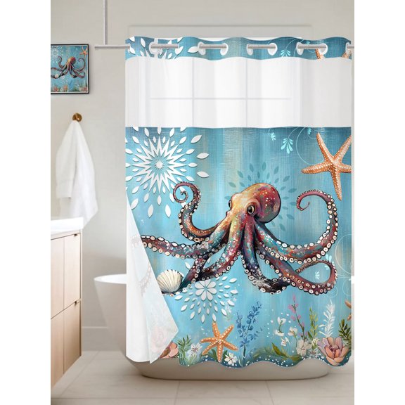 No Hook Shower Curtain with Snap in Liner, Watercolor Ocean Octopus Starfish Waterproof Fabric Bathroom Curtain Mesh Top Window, Sea Monster Shower Curtains 60x72in