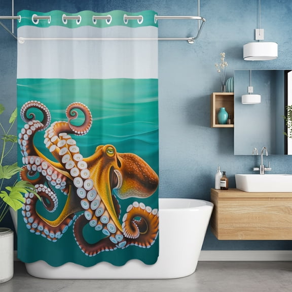 No Hook Shower Curtain with Snap in Liner, Watercolor Ocean Squid Waterproof Fabric Bathroom Curtain Mesh Top Window, Abstract Marine Life Shower Curtains 36x72in