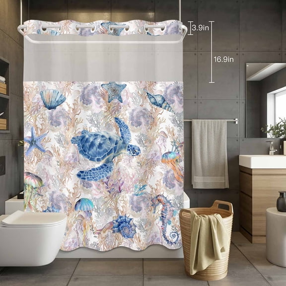 No Hook Shower Curtain with Snap in Liner, Watercolor Ocean Turtle Shell Conch Waterproof Fabric Bathroom Curtain Mesh Top Window, Marine Starfish Coral Seaweed Shower Curtains 72x84in