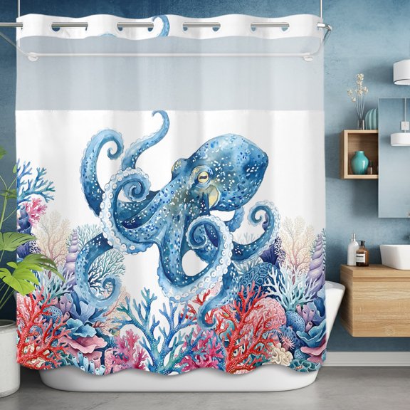 No Hook Shower Curtain with Snap in Liner, Watercolor Octopus Huge Monster Waterproof Fabric Bathroom Curtain Mesh Top Window, Colorful Ocean Coral Seaweed Shower Curtains 72x72in