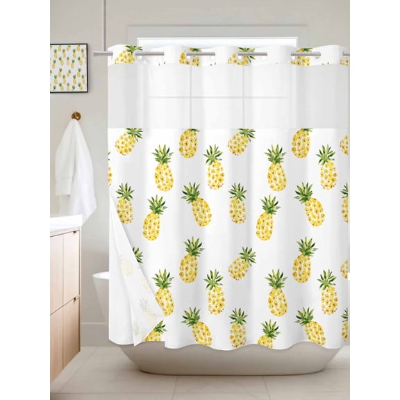 No Hook Shower Curtain with Snap in Liner, Watercolor Pineapple on White Waterproof Bath Curtain Double Layers with See Through Top Window, Seamless Summer Fruit Hotel Shower Curtains 72x72in