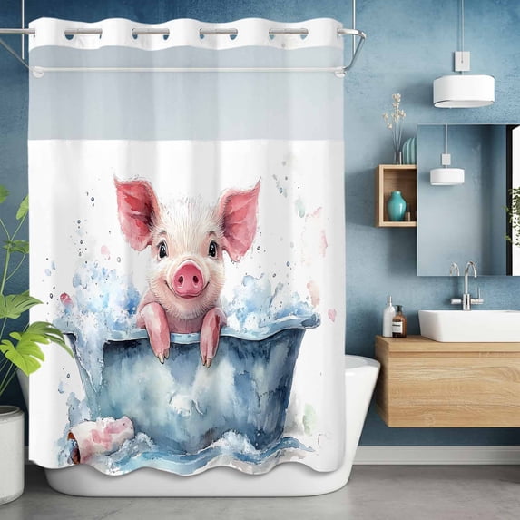 No Hook Shower Curtain with Snap in Liner, Watercolor Pink Pig Bathtub Waterproof Bath Curtain Double Layers with See Through Top Window, Abstract Funny Animal Bath Art Hotel Shower Curtains 60x72in