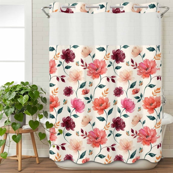 No Hook Shower Curtain with Snap in Liner, Watercolor Pink Red Rose Waterproof Fabric Bathroom Curtain Mesh Top Window, Vintage Floral Art on Linen Shower Curtains 48x72in