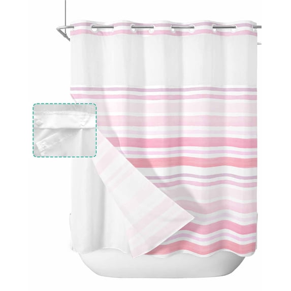 No Hook Shower Curtain with Snap in Liner, Watercolor Pink Stripes Geometric Texture Hotel Shower Curtains for Bathroom, Washable Shower Curtain Liner Set with Mesh Top Window, 72"x72"
