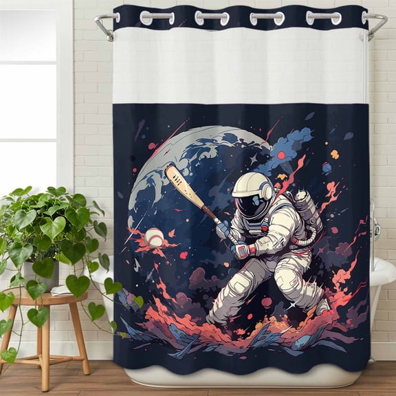 No Hook Shower Curtain with Snap in Liner, Watercolor Space Man Baseball Sport Waterproof Fabric Bathroom Curtain Mesh Top Window, Universe Planet Art Shower Curtains 48x72in