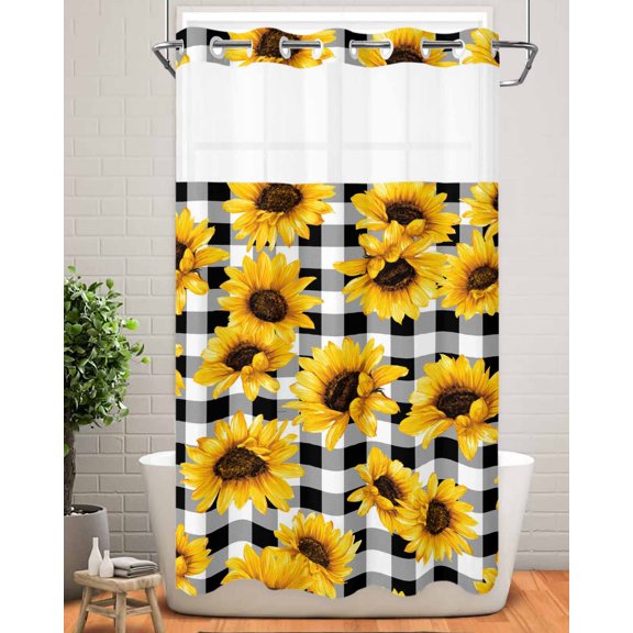 No Hook Shower Curtain with Snap in Liner,Watercolor Spring Blossoms Sunflower Waterproof Bath Curtain Double Layers with See Through Top Window,Black Grey Plaid Hotel Shower Curtains 36x72in