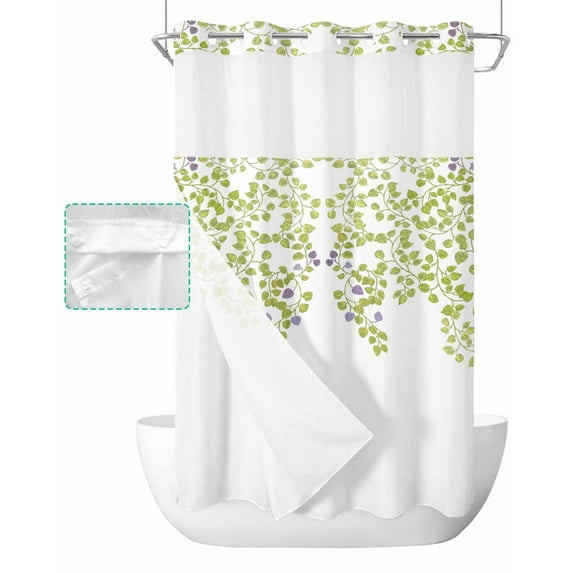 No Hook Shower Curtain with Snap in Liner, Watercolor Summer Blue Vine Leaves White Hotel Shower Curtains for Bathroom, Washable Shower Curtain Liner Set with Mesh Top Window, 54"x78"
