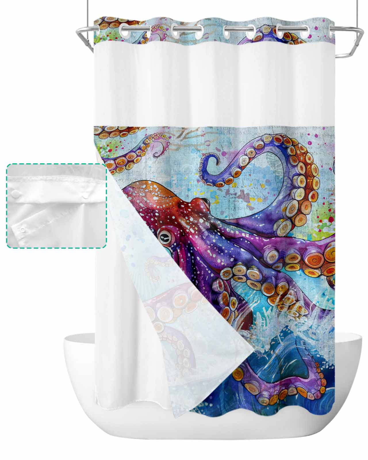 No Hook Shower Curtain with Snap in Liner, Watercolor Summer Ocean Octopus Blue Hotel Shower Curtains for Bathroom, Washable Shower Curtain Liner Set with Mesh Top Window, 36"x78"
