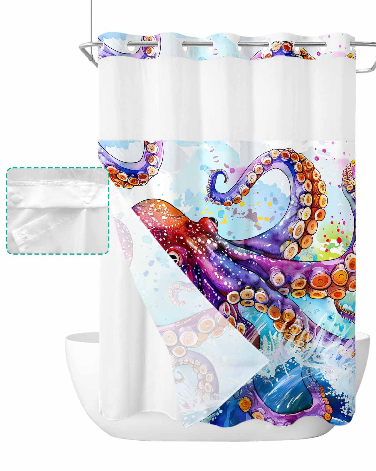 No Hook Shower Curtain with Snap in Liner, Watercolor Summer Ocean Octopus with Ocean Wave Hotel Shower Curtains for Bathroom, Washable Shower Curtain Liner Set with Mesh Top Window, 72"x84"