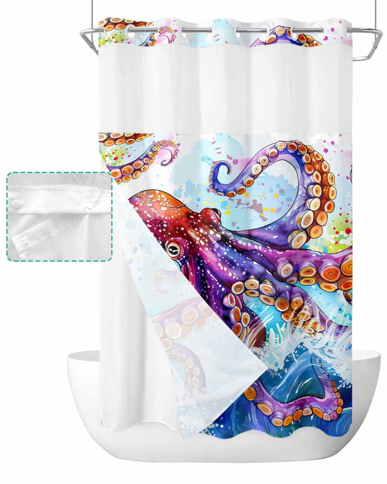 No Hook Shower Curtain with Snap in Liner, Watercolor Summer Ocean Octopus with Ocean Wave Hotel Shower Curtains for Bathroom, Washable Shower Curtain Liner Set with Mesh Top Window, 36"x72"