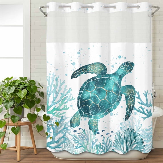 No Hook Shower Curtain with Snap in Liner, Watercolor Teal Sea Turtle Coral Waterproof Fabric Bathroom Curtain Mesh Top Window, Summer Ocean Marine Life Shower Curtains 48x72in