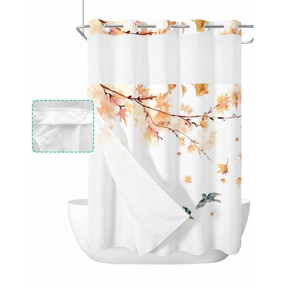 No Hook Shower Curtain with Snap in Liner, Watercolor Vintage Blue Birds with Maple Leaves Hotel Shower Curtains for Bathroom, Washable Shower Curtain Liner Set with Mesh Top Window, 48"x72"