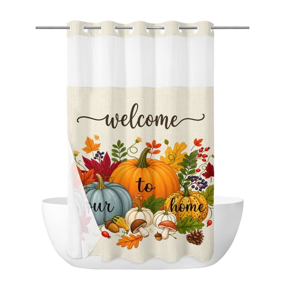 No Hook Shower Curtain with Snap in Liner,Welcome to Our Home Words Waterproof Bath Curtain with See Through Top Window,Thanksgiving Pumpkins Shower Curtains for Bathroom Decor,36x72in