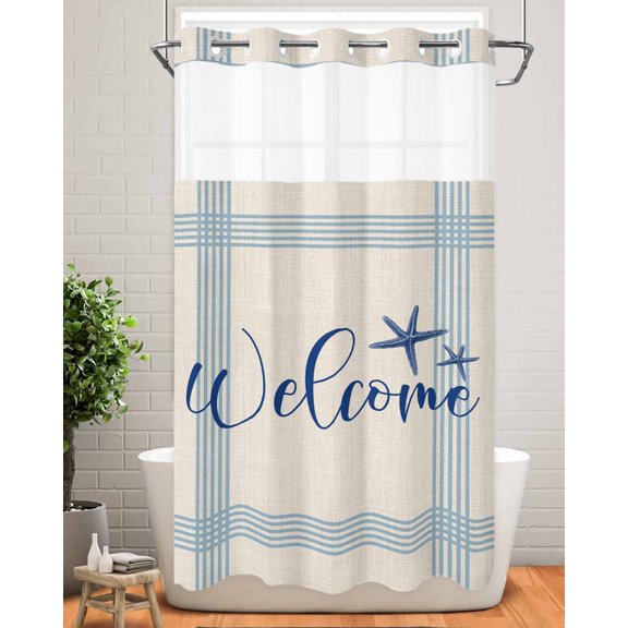 No Hook Shower Curtain with Snap in Liner,Welcome Word on Stripe Waterproof Bath Curtain Double Layers with See Through Top Window,Seaside Blue Starfish Line Stripes Hotel Shower Curtains 36x72in