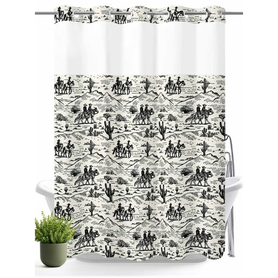No Hook Shower Curtain with Snap in Liner,Western Cowboys Abstract Cactus Waterproof Bath Curtain Double Layers with See Through Top Window,Desert Theme Vintage Hotel Shower Curtains 60x72in