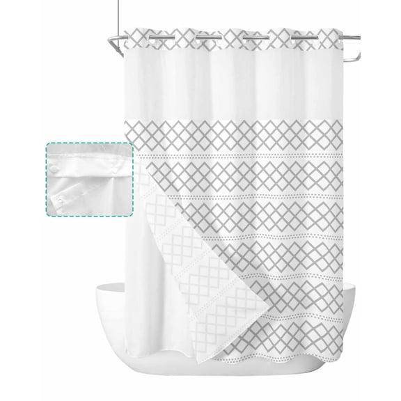 No Hook Shower Curtain with Snap in Liner, White Geometric Texture Hotel Shower Curtains for Bathroom, Washable Shower Curtain Liner Set with Mesh Top Window, 72"x96"
