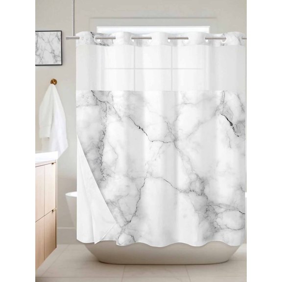 No Hook Shower Curtain with Snap in Liner, White Gray Modern Marble Texture Waterproof Bath Curtain Double Layers with See Through Top Window, Abstract Stone Crack Hotel Shower Curtains 72x72in