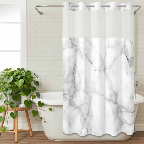 No Hook Shower Curtain with Snap in Liner,White Gray Modern Marble Texture Waterproof Bath Curtain with See Through Top Window,Abstract Stone Crack Shower Curtains for Bathroom Decor,36x72in