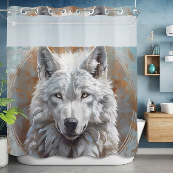 No Hook Shower Curtain with Snap in Liner, White Wolf Animal Cool Wildlife Blue Gradient Waterproof Fabric Bathroom Curtain Mesh Top Window, Retro Floral Shower Curtains 72x78in