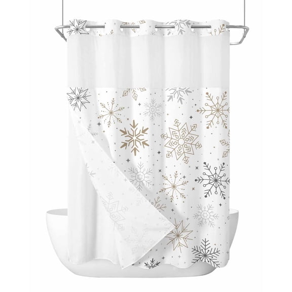 No Hook Shower Curtain with Snap in Liner,Winter Gold Snowflakes Waterproof Bath Curtain Double Layers with See Through Top Window, Christmas Snowy Season Hotel Shower Curtains 60x72in