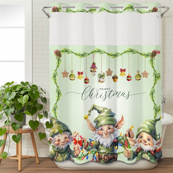 No Hook Shower Curtain with Snap in Liner,Winter Green Elf Waterproof Bath Curtain with See Through Top Window,Christmas Bell Star Pinecone Ball Ornament Shower Curtains for Bathroom Decor,48x72in