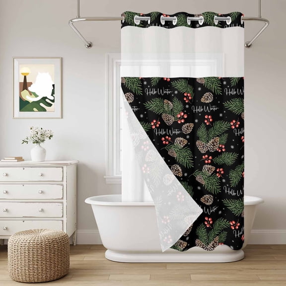 No Hook Shower Curtain with Snap in Liner, Winter Pine Cone Berry Spruce Leaf Curtain Set See-Through Top Double Layers Christmas Plant on Black Shower Curtains for Bathroom Decor, 36x72in