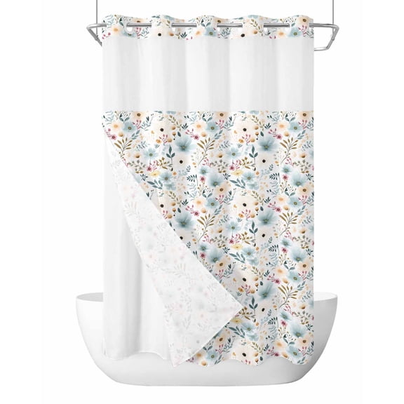 No Hook Shower Curtain with Snap in Liner Winter Spring Shower Curtain -Fabric Waterproof Inner Liner, Flowers Floral Leaves Flower Buds Shower Curtains Washable 36"x72"