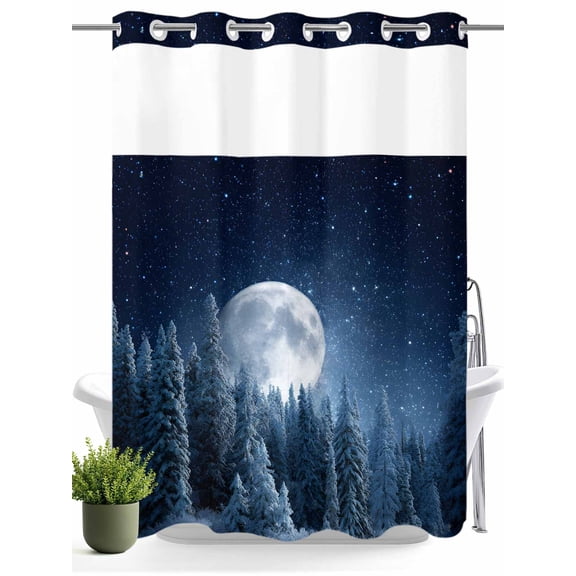 No Hook Shower Curtain with Snap in Liner,Winter Woods Landscapes Waterproof Bath Curtain Double Layers with See Through Top Window,Abstract Moon Night View Hotel Shower Curtains 60x72in