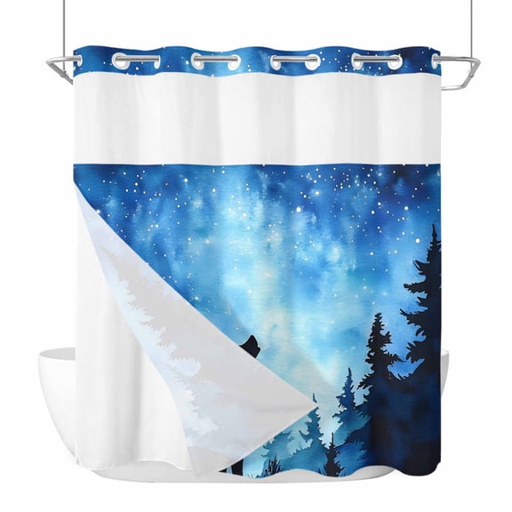 No Hook Shower Curtain with Snap in Liner Wolf Forest Shower Curtain Sets Blue Starry Night Fabric Liner Set See Through Top Waterproof Curtains for Bathroom 72"W x 72"L