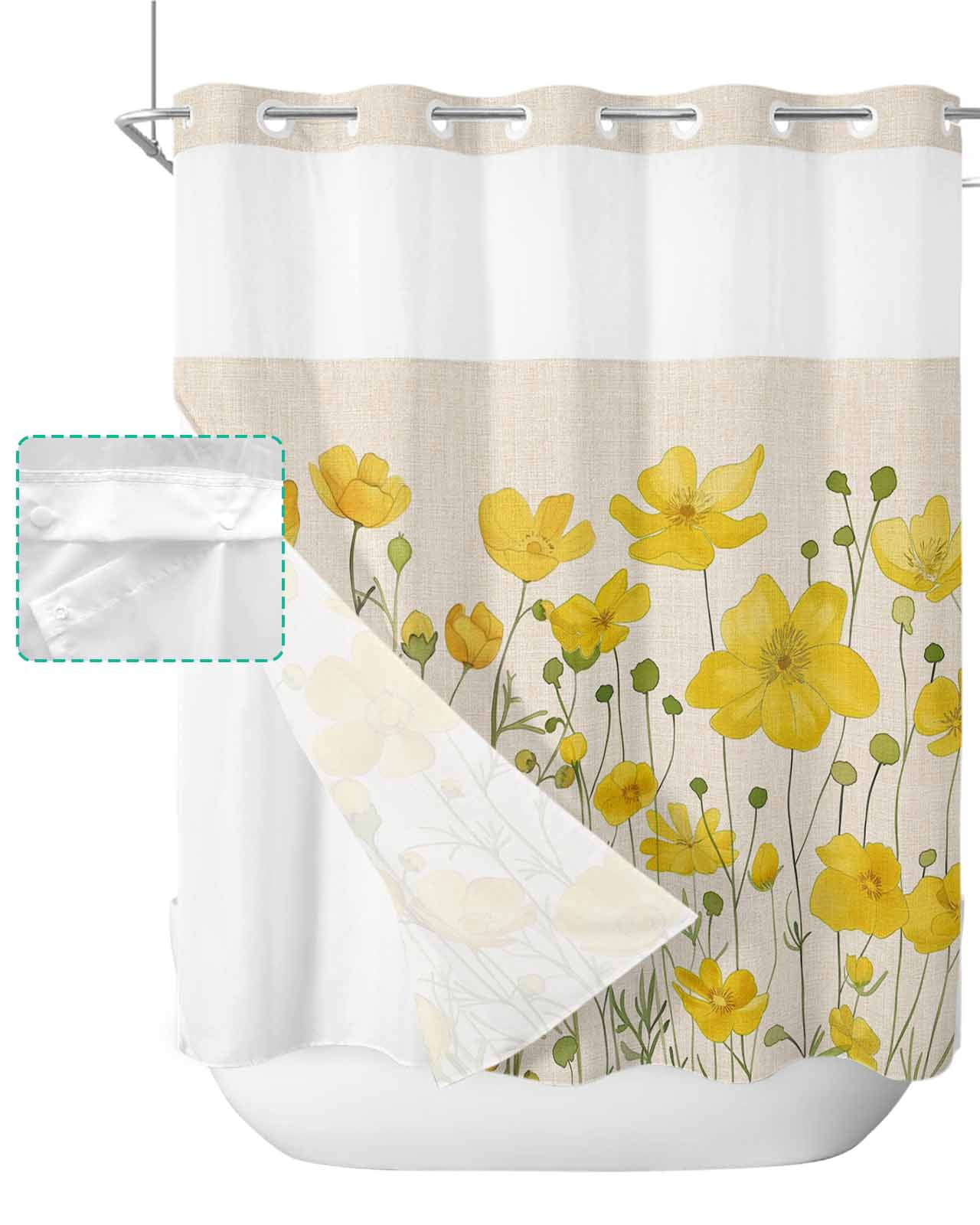 No Hook Shower Curtain with Snap in Liner, Yellow Chrysanthemum Flower ...