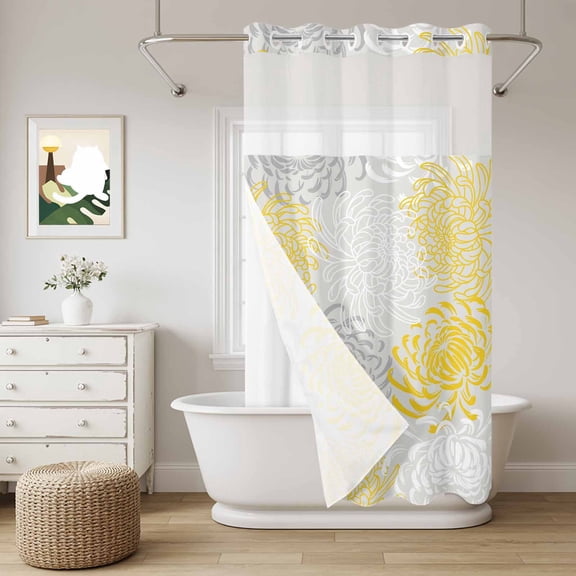 No Hook Shower Curtain with Snap in Liner, Yellow Grey Chrysanthemum on Vintage Curtain Set See-Through Top Double Layers Summer Flower Shower Curtains for Bathroom Decor, 36x72in