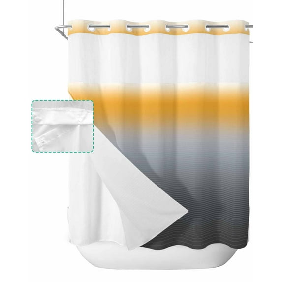 No Hook Shower Curtain with Snap in Liner, Yellow Grey Stripe Gradient Hotel Shower Curtains for Bathroom, Washable Shower Curtain Liner Set with Mesh Top Window, 72”x78”