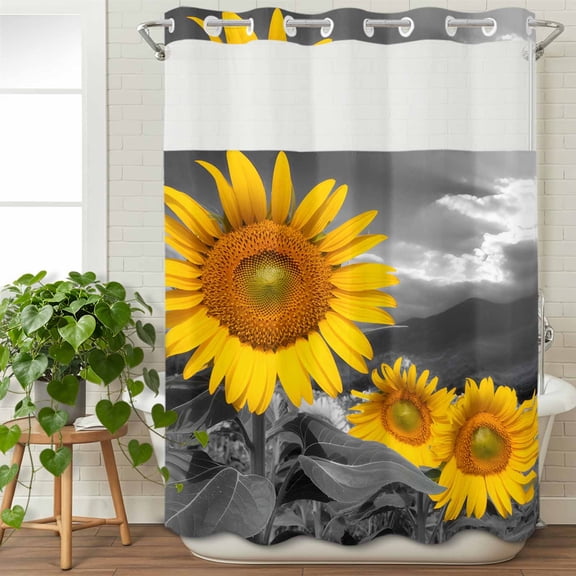 No Hook Shower Curtain with Snap in Liner, Yellow Sunflower Field Waterproof Fabric Bathroom Curtain Mesh Top Window, Modern Grey Floral Partial Color Art Shower Curtains 48x72in