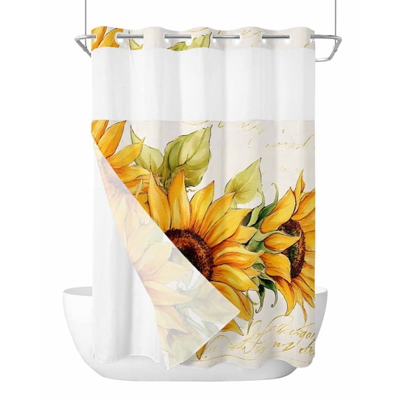 No Hook Shower Curtain with Snap in Liner Yellow Sunflower Shower Curtain -Fabric Waterproof Inner Liner, Watercolor Flowers Green Leaf Vintage Shower Curtains Washable 60"x72"