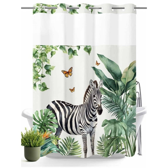 No Hook Shower Curtain with Snap in Liner,Zebra Tropical Leaves Jungle Waterproof Bath Curtain Double Layers with See Through Top Window,Black Stripes Animal Portrait Hotel Shower Curtains 60x72in